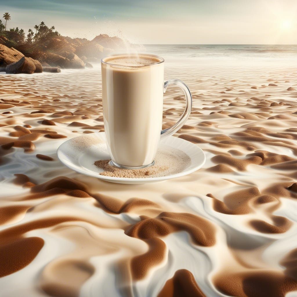 A photorealistic image of a beach where the water is a surre...