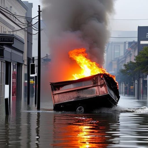 A dumpster fire floating down a flooded city street