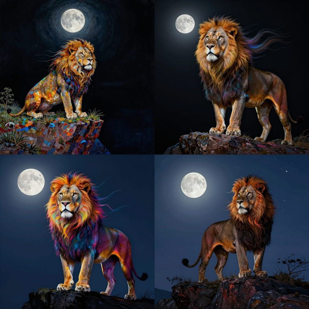 Majestic Rainbow Lion on Cliff Under Full Moon