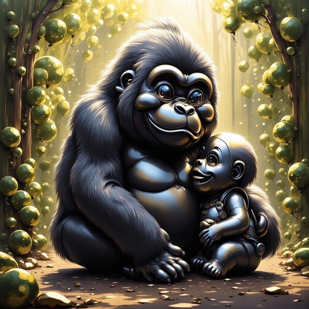  <lora:BRASSY BALLOONACY:1.0> Portrait of a mama gorilla with her baby in a jungle clearing.  by @GrizzMum