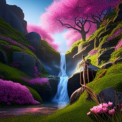 Sun, blue sky, waterfall, peach tree, pink butterfly