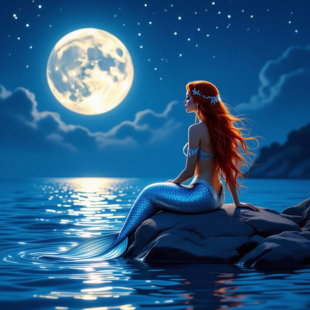 Mystical Mermaid Gazing at the Moonlit Sea