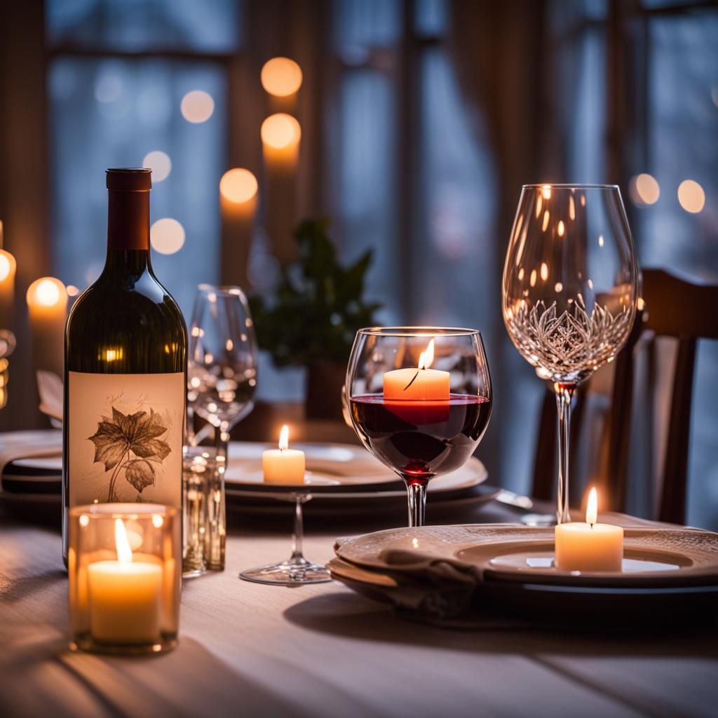 A romantic dinner for two, candles, and the perfect table setting, with ...