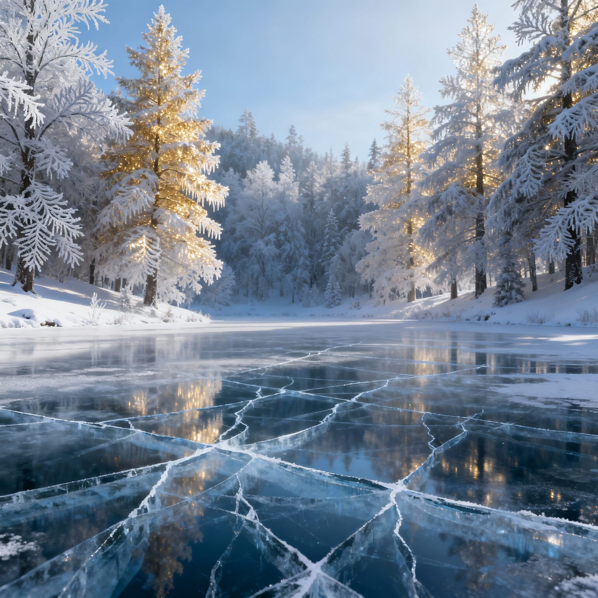 Create a most beautiful image of a winter wonderland landscape full of glistening snow treetops ,frozen lakes hyper realistic quality and de...