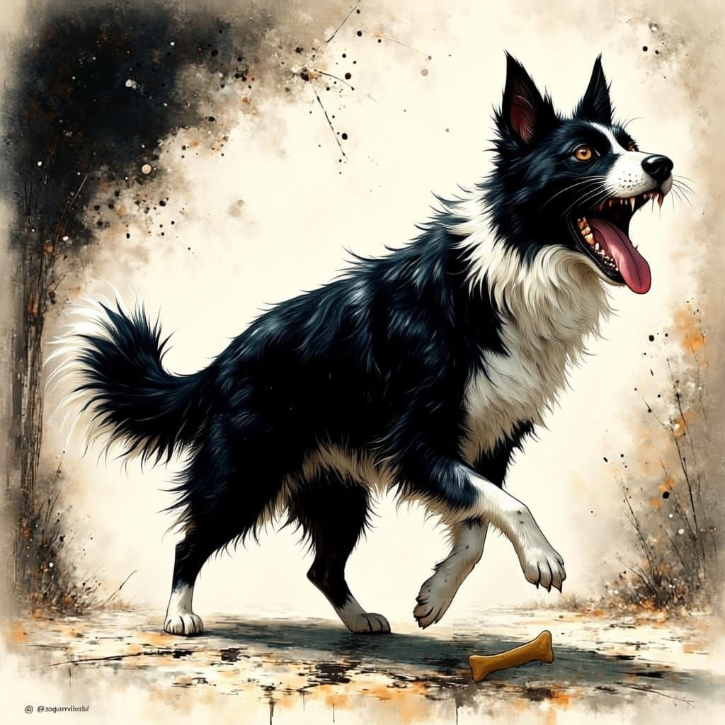 <lora:EtherealVisionsFlux:1.0> I want to see a black white cat that  is walking and becoming a border coley. The cat says meyou at the begin...