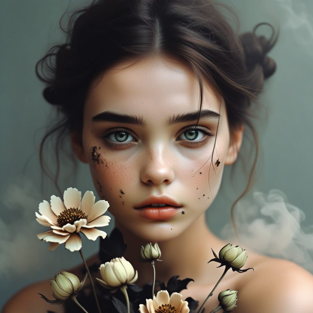 Girl with Dead Flowers in Tim Burton Style