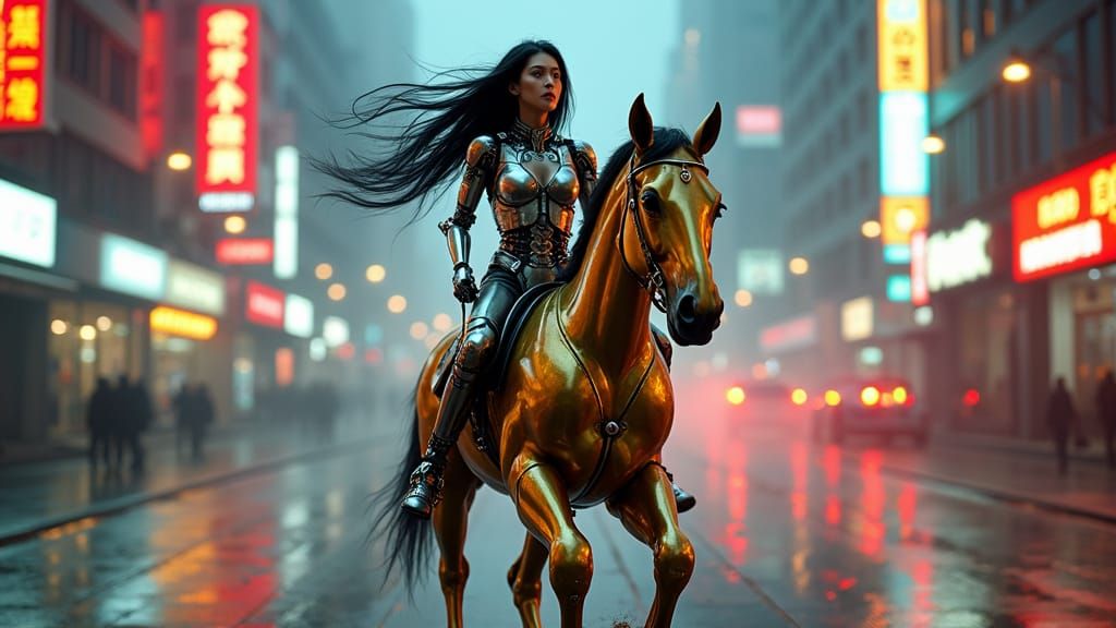 A beautiful Asian cyborg woman riding towards us on a gold and silver robotic horse though a futuristic city with neon lights reflecting in...
