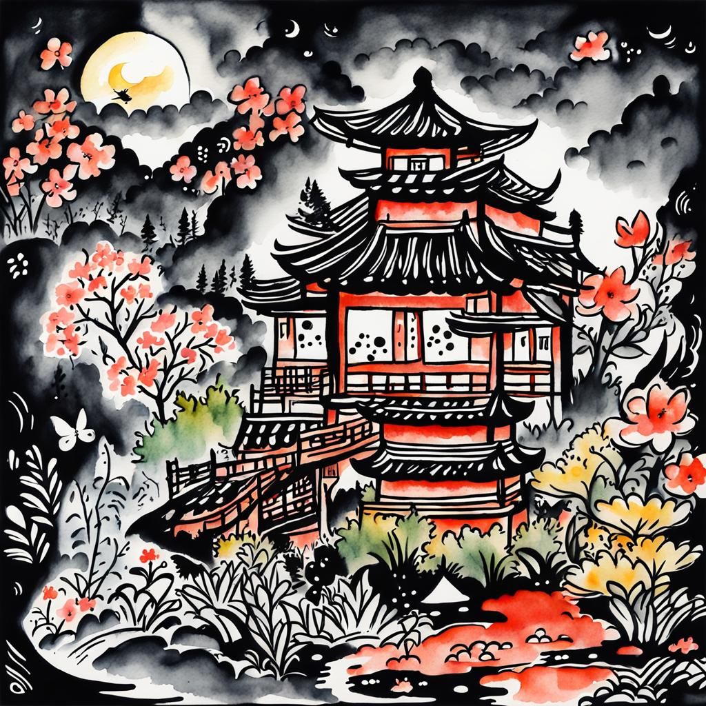 ink drawing + folk painting + oriental + watercolor + natura...