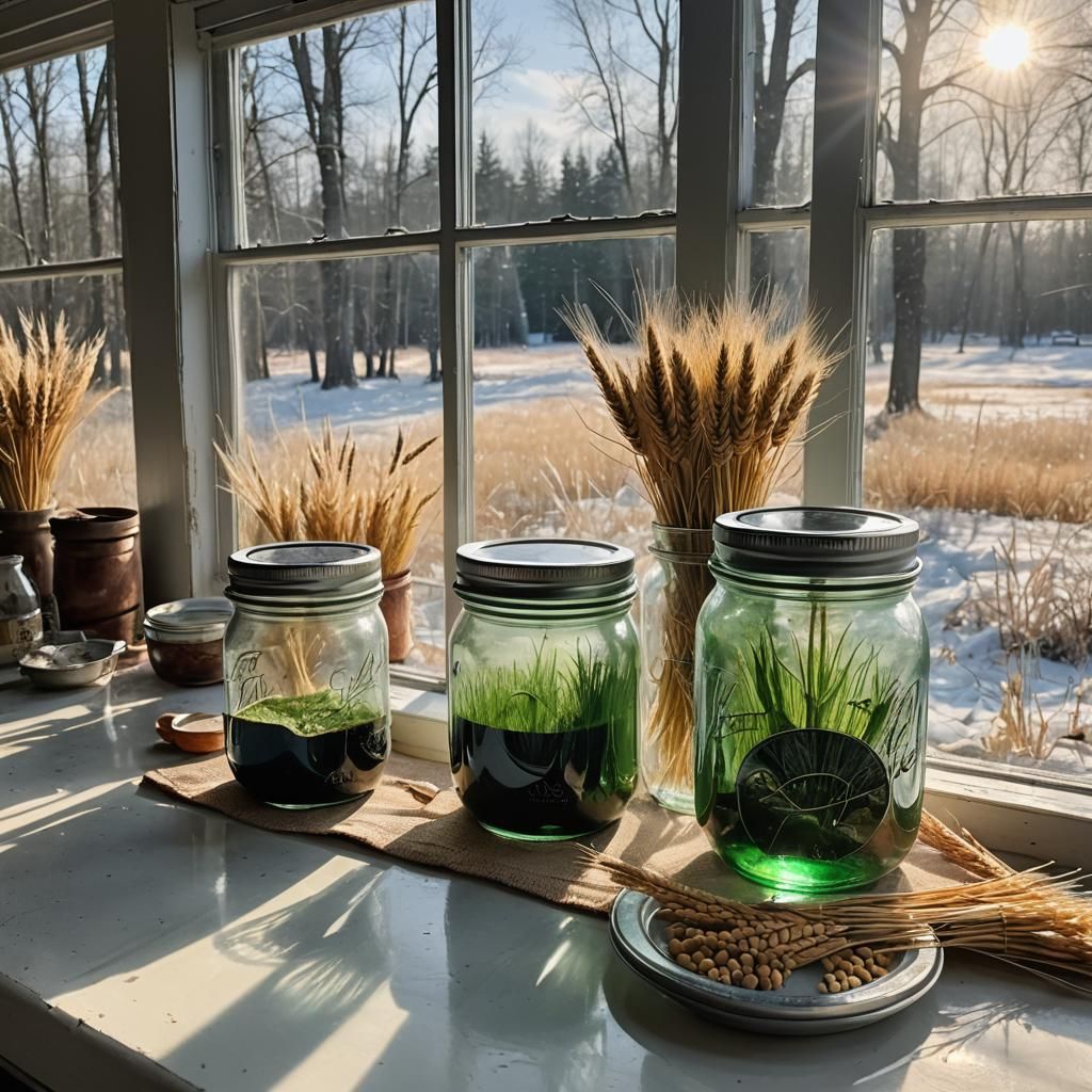 Ball jars on Counter with Wheat