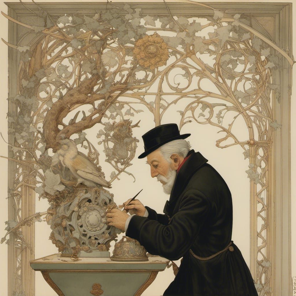 An old man working on a piece of art.