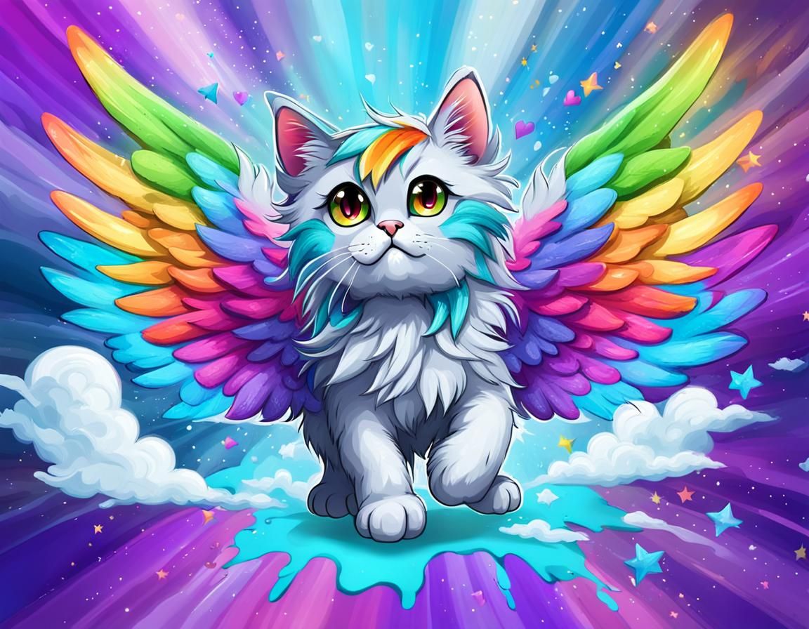 rainbow dash silver fluffy cat with turquoise and purple ang...