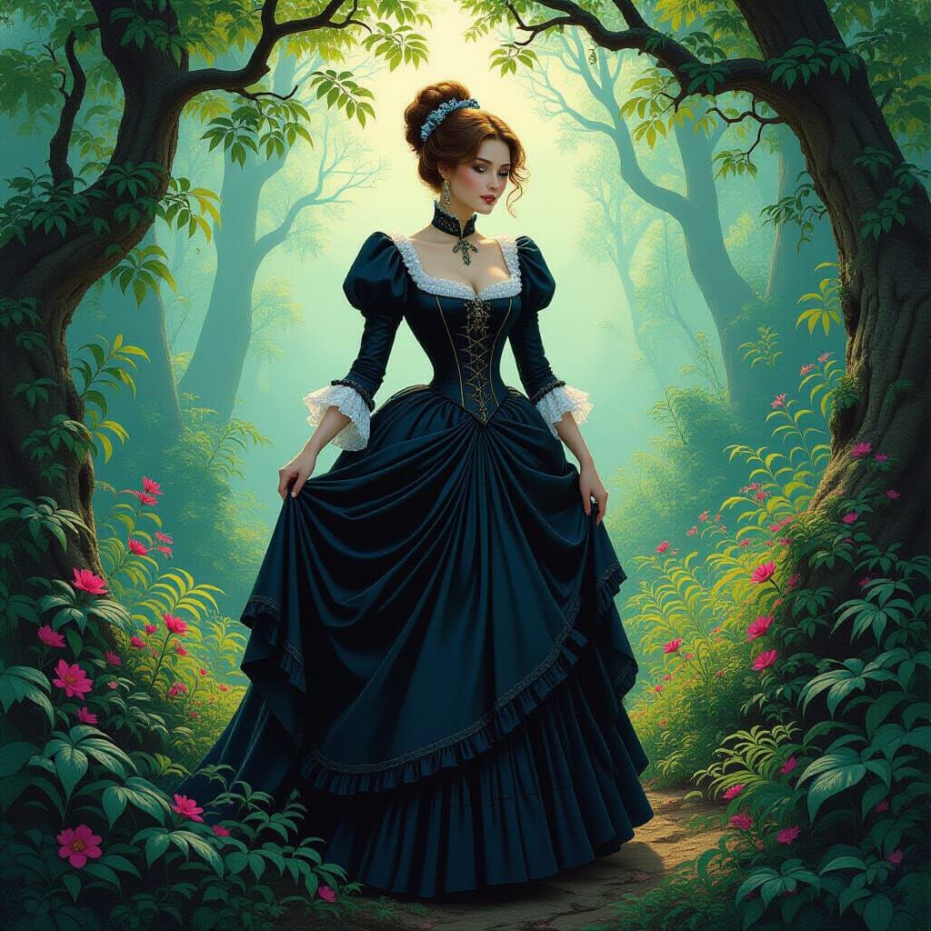 Victorian Woman in Mystical Forest, Faerie Art Style