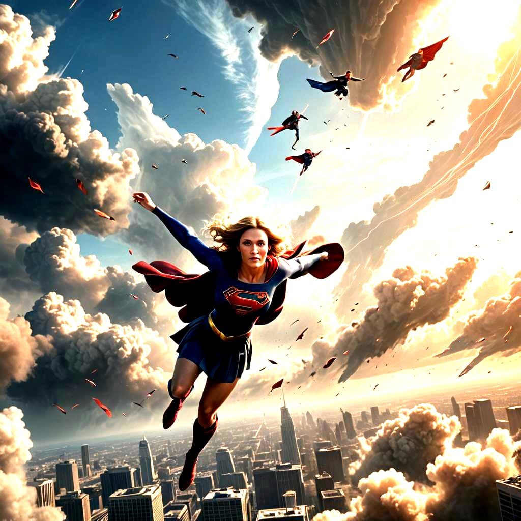 Supergirl flying in sky. 