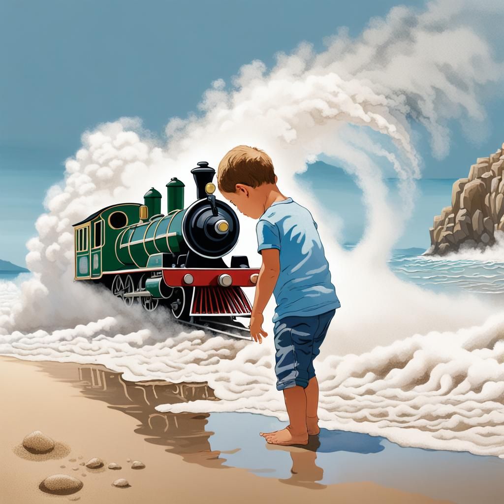 Prompt: A light-skinned toddler is bending down on a sandy b...