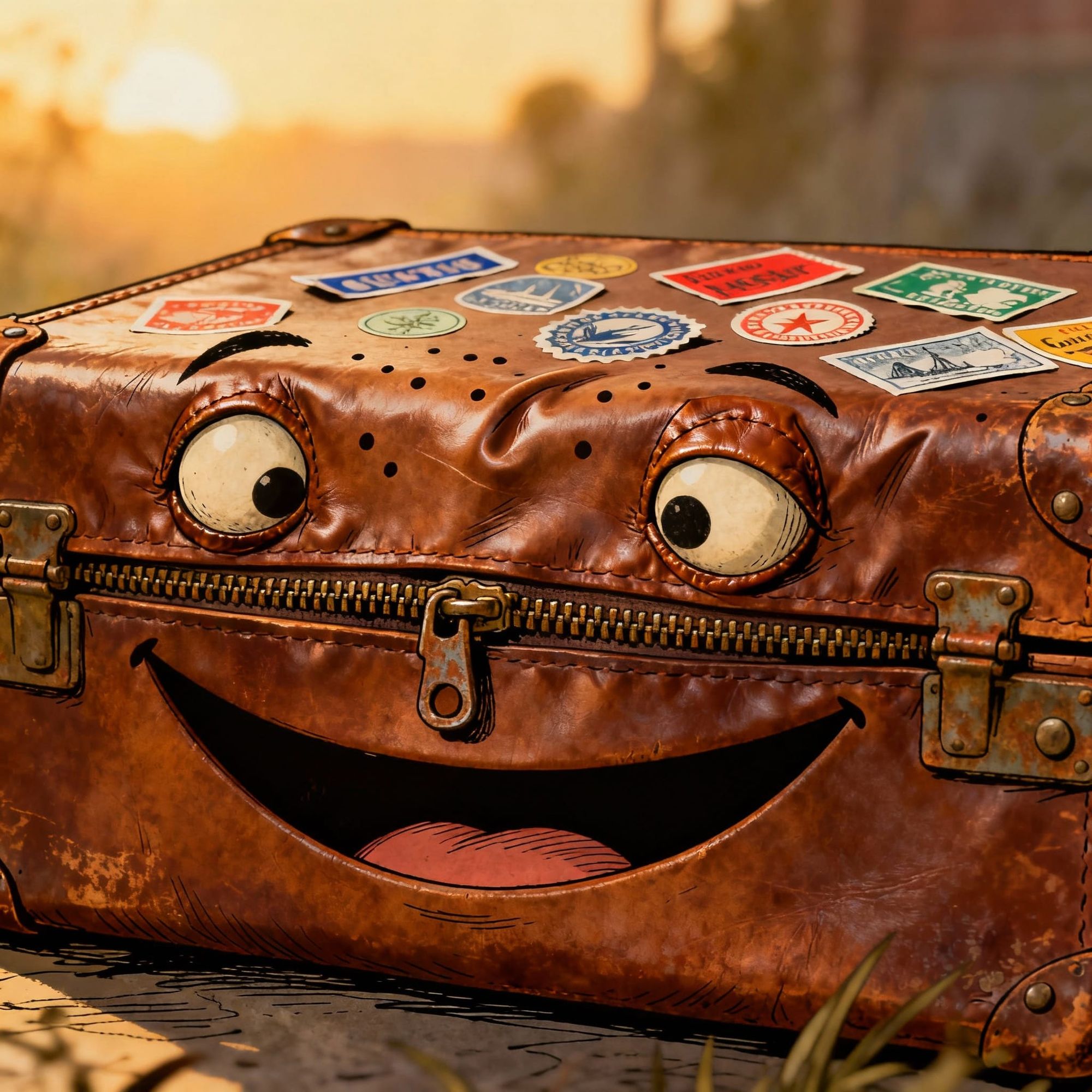 A vintage suitcase with bulging leather eyes.
Its rusty zipper stretches into a smile.
Stickers form freckles across its creased lid.
