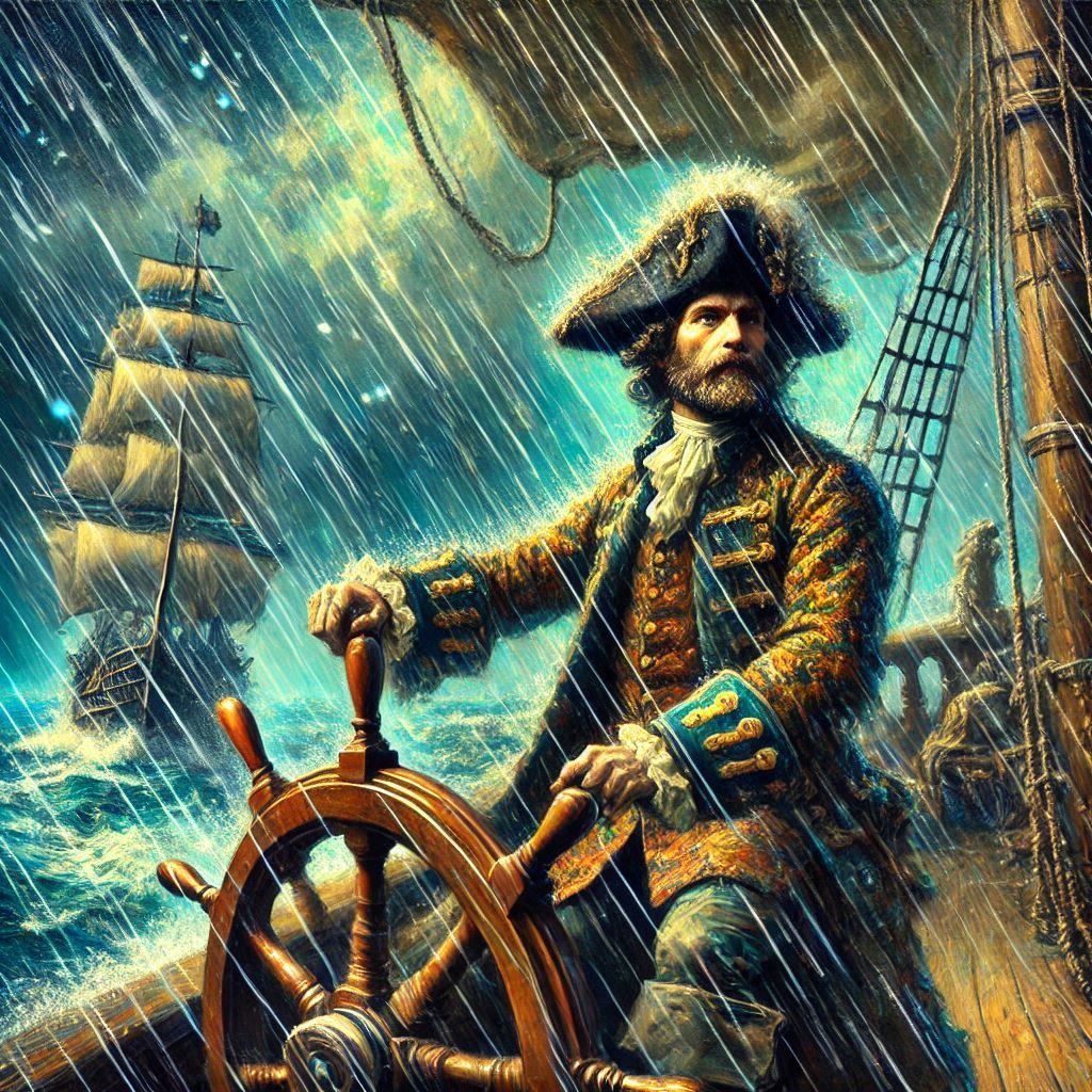 Ship's captain in rococo attire under the rain