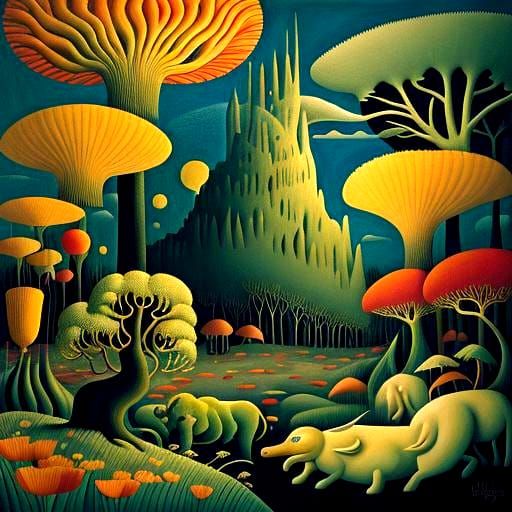Surreal Landscape with Fantastic Animals in Biopunk Style