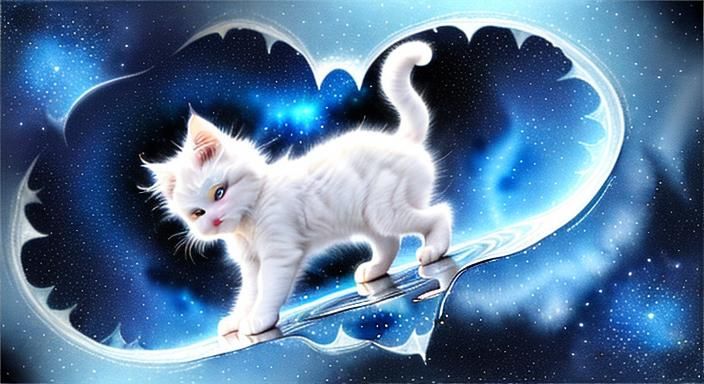 a cute fluffy white kitten playing with the reflection of st...