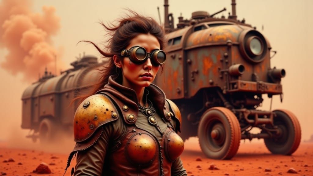 A fiercely determined steampunk female warrior, dressed in tattered, earth-toned leather armor, adorned with brass accents and copper filigr...
