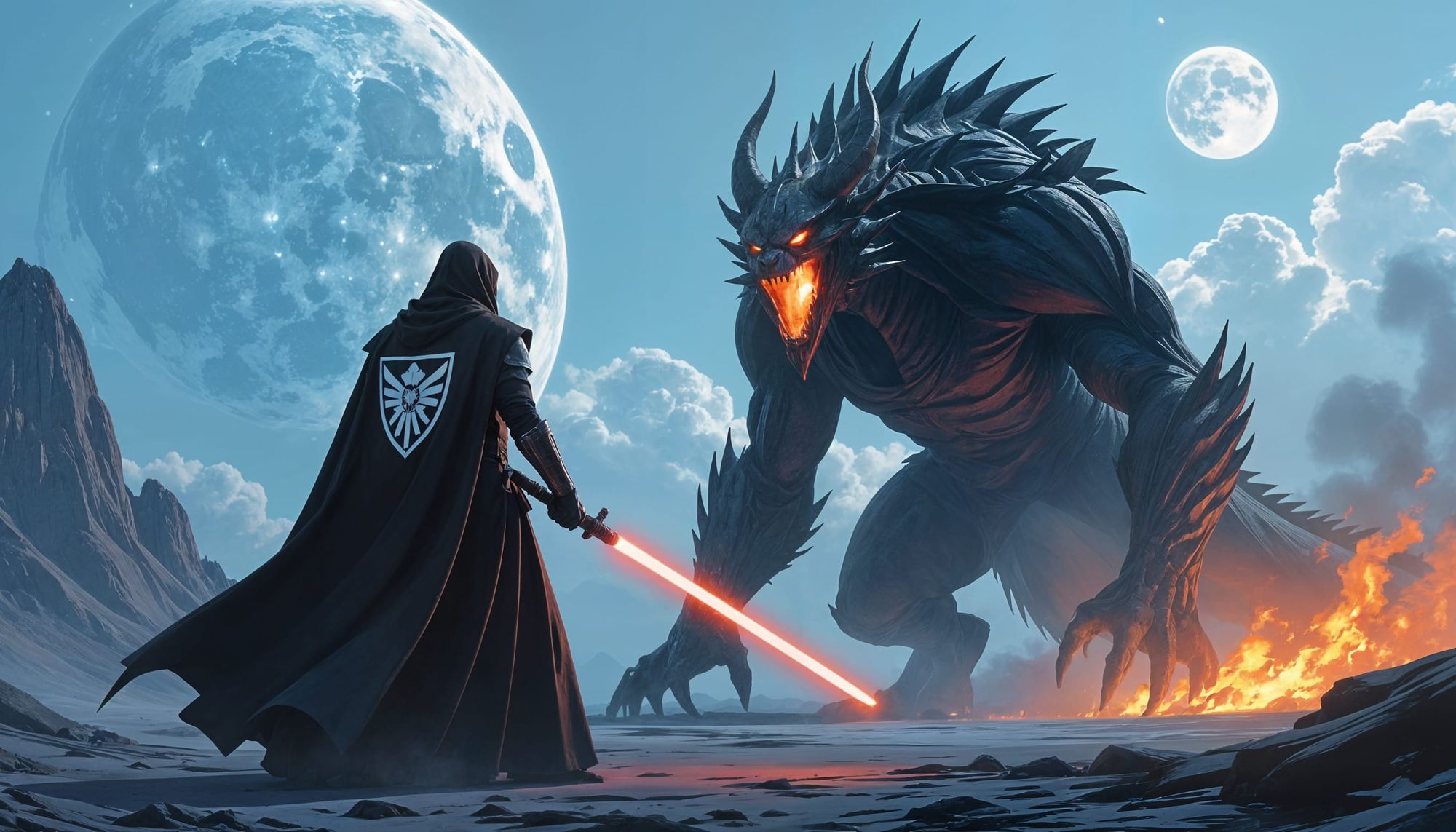 A jedi knight 6 feet tall with a pitch black dark robe with the shield of the order of jedies printed in his back, dual wielding dark light ...