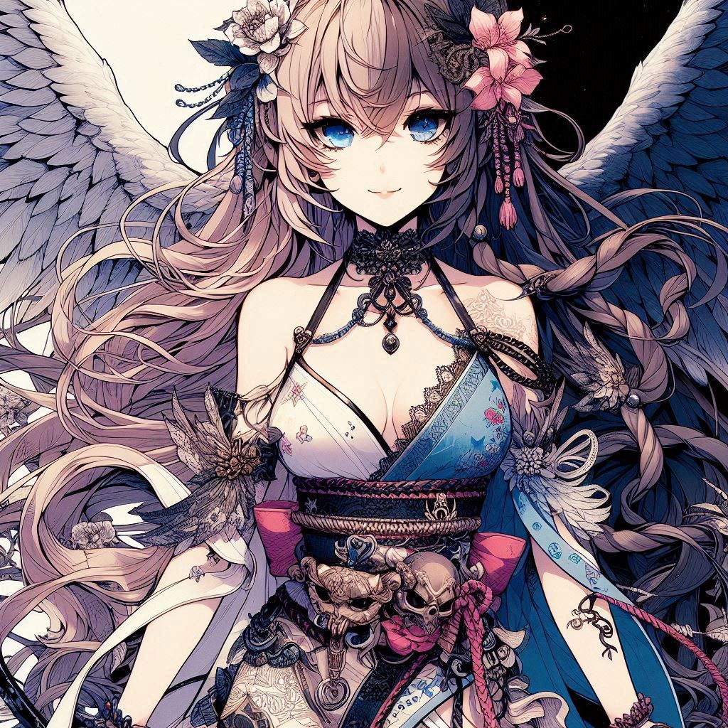 Japanese anime style, full body view female half angel half ...