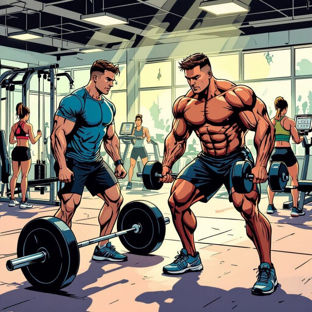 image that show the example of exercise in gym. Client doing sample exercise with dumbbels. Traine watching the technique. Around persons ar...