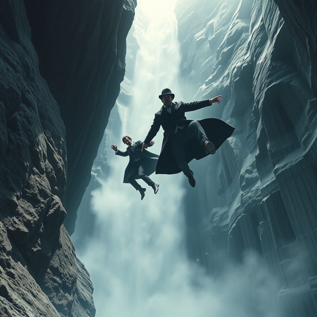 Sherlock Holmes and Professor Moriarty are falling down as the waterfall is raging down. Water spray is rising.