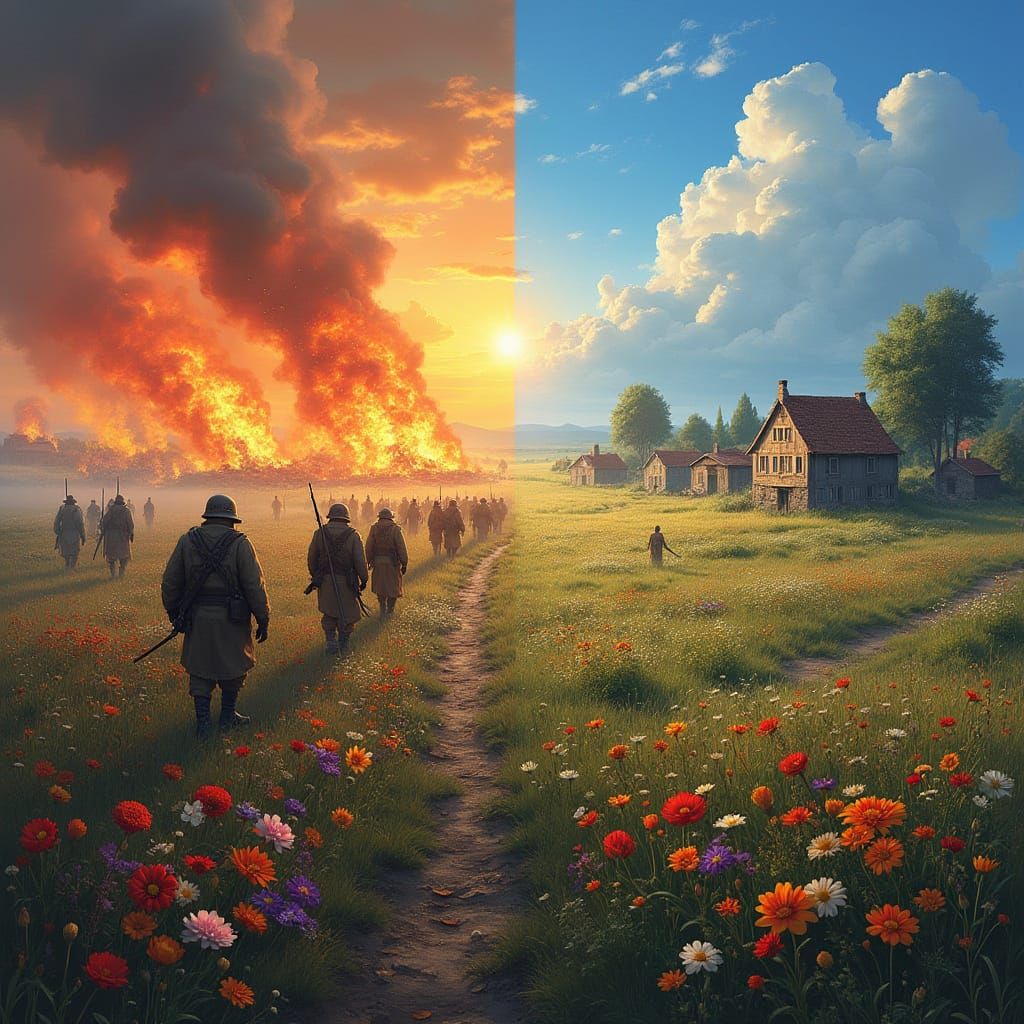 Dual Composition: Battlefield and Peaceful Village