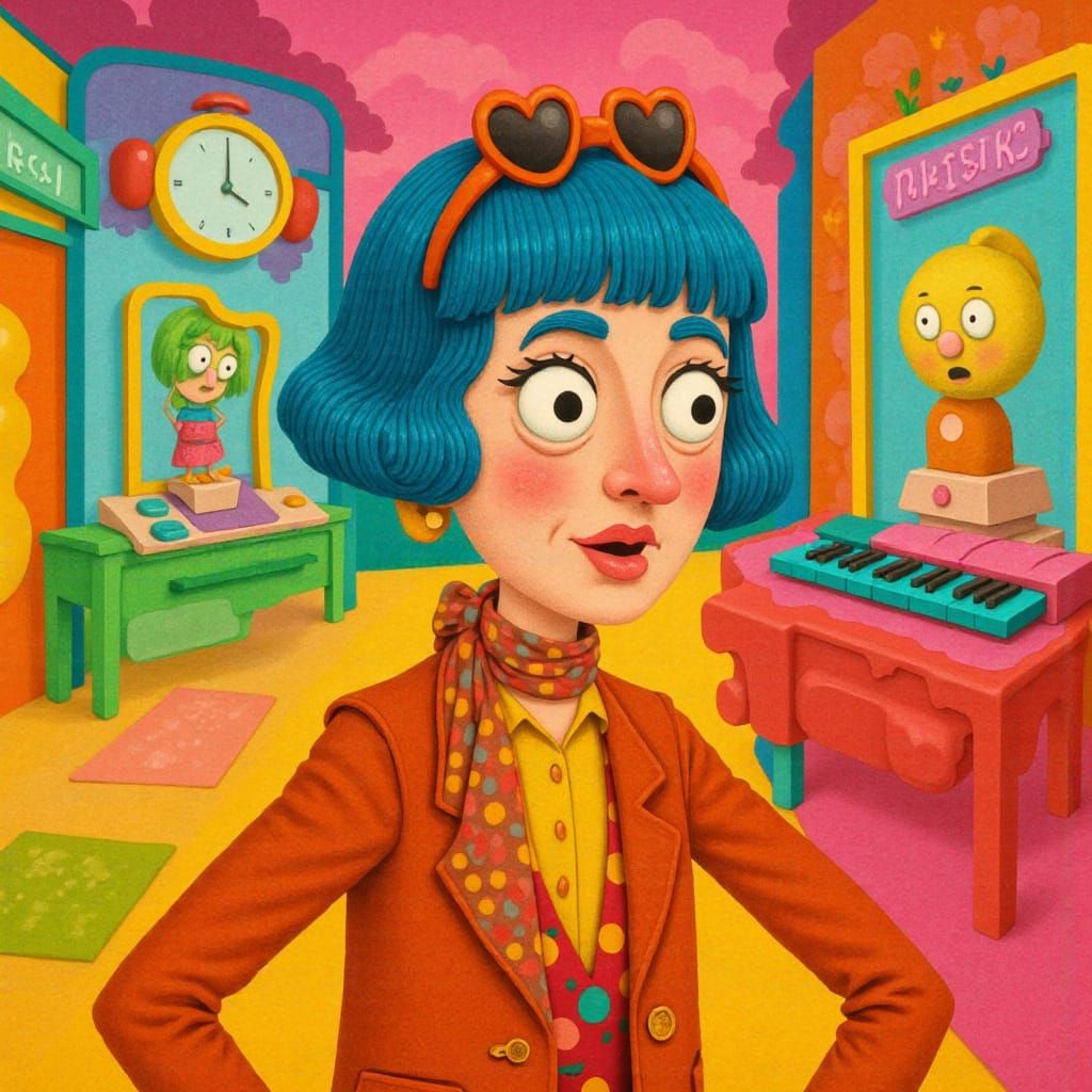 Portrait of a quirky, pretty woman with a sharp blue bob haircut, styled in vibrant, retro colors. Her expression is cheeky and confident, w...