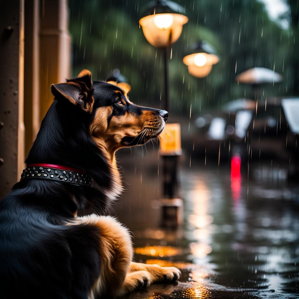 Dog waiting in the rain for his master to return, looking sad and eager; photo-realistic image, wide ...  by @Uttia Majumdar