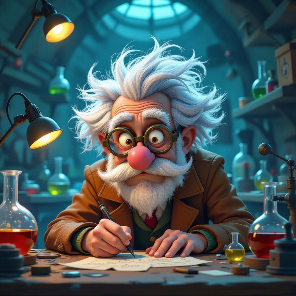 An elderly, eccentric inventor with wild, white hair and goggles perched askew is hunched over a workbench. His nose is comically large, and...