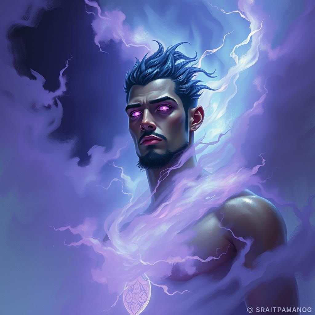 Spirit elemental man, extraordinarily handsome, latin descent, purple colored eyes, dark skies and violet mists surrounding