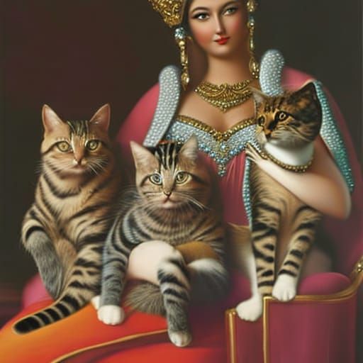 Queen Goddess with cats in lap