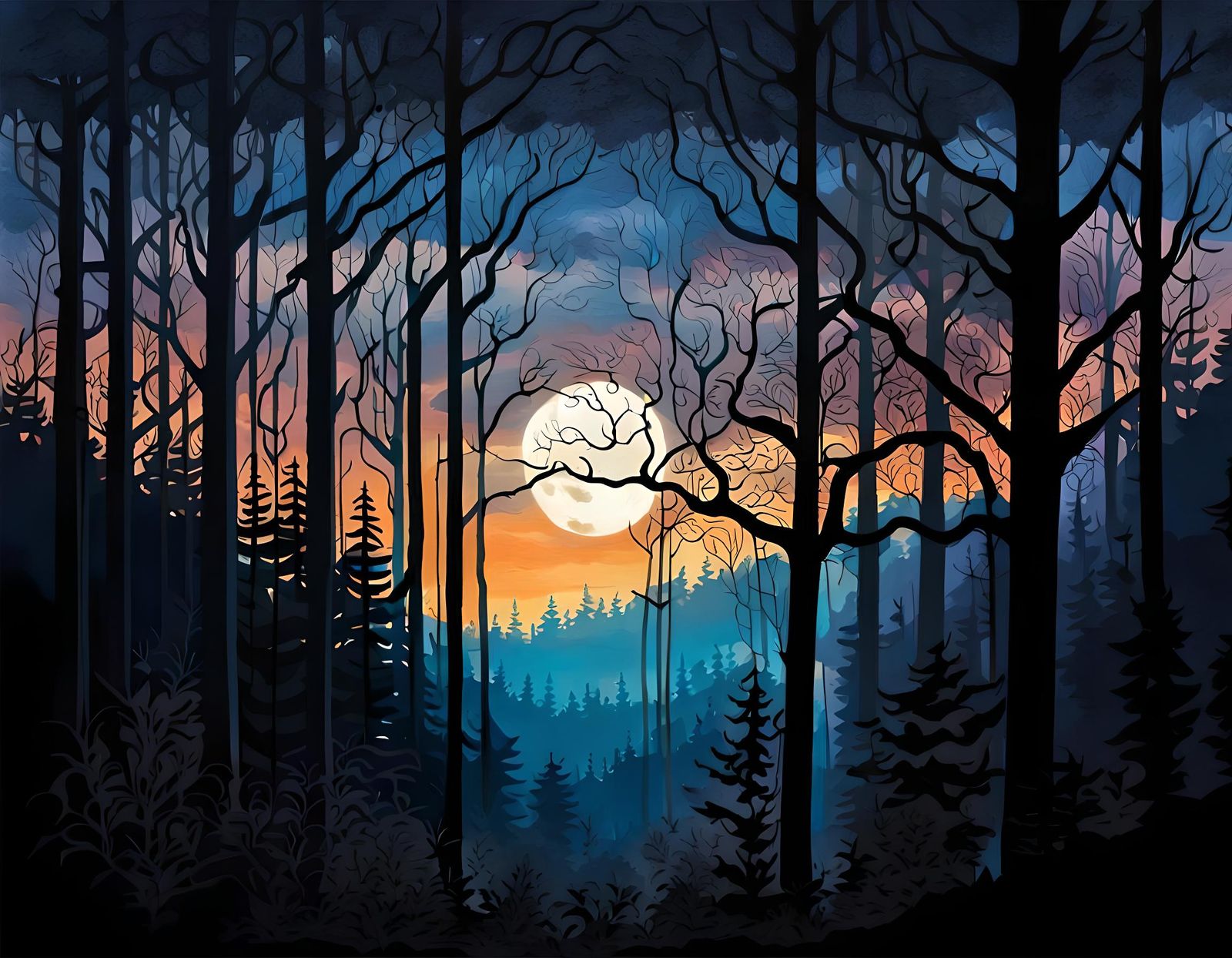 A Stunningly Detailed Painting Of A Silhouette Of A Dense Forest At 