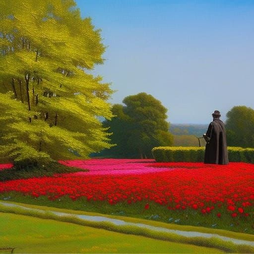 rose field and a statue