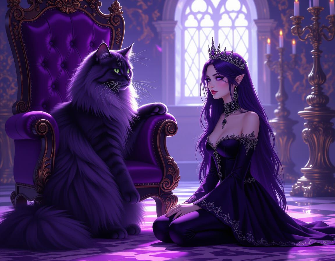 A majestic purple cat sitting on a throne