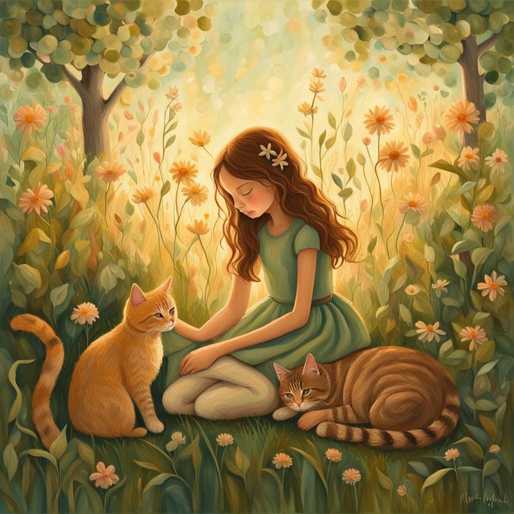 Paintings like Andy Kehoe: Girl and Cat on the Meadow