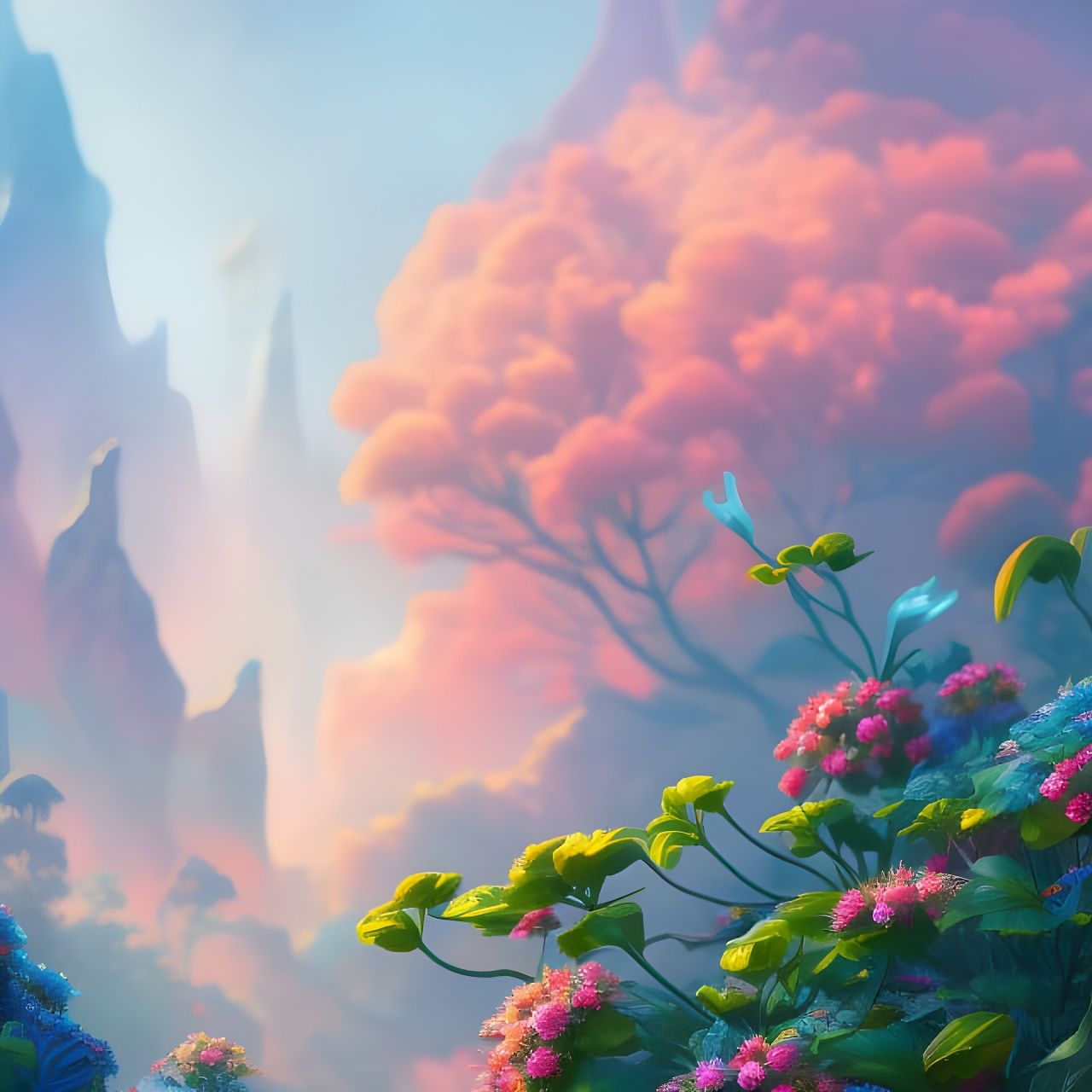 Flowers, Trees, Vista, Sunset