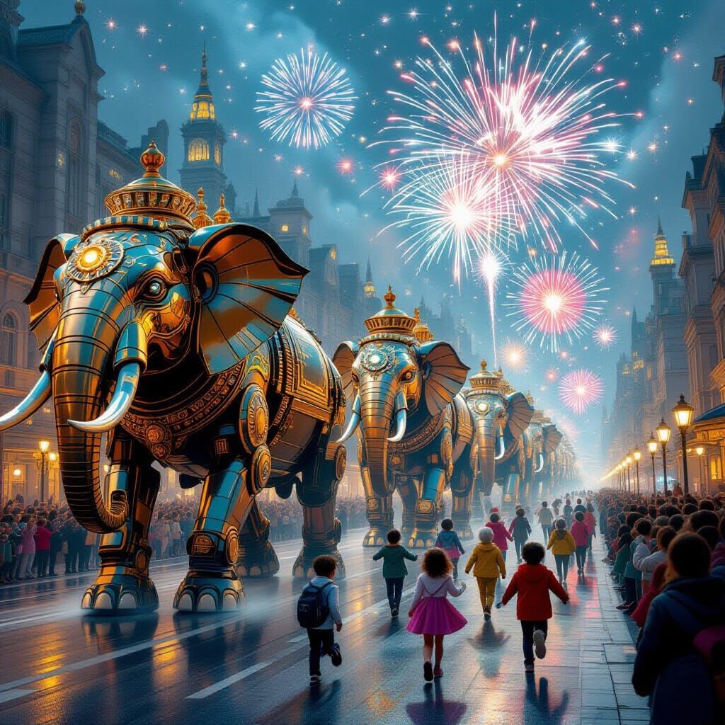 In a futuristic city, a grand parade of colossal mechanical animals—elephants, lions, and birds made of bronze, glass, and gears. Children r...