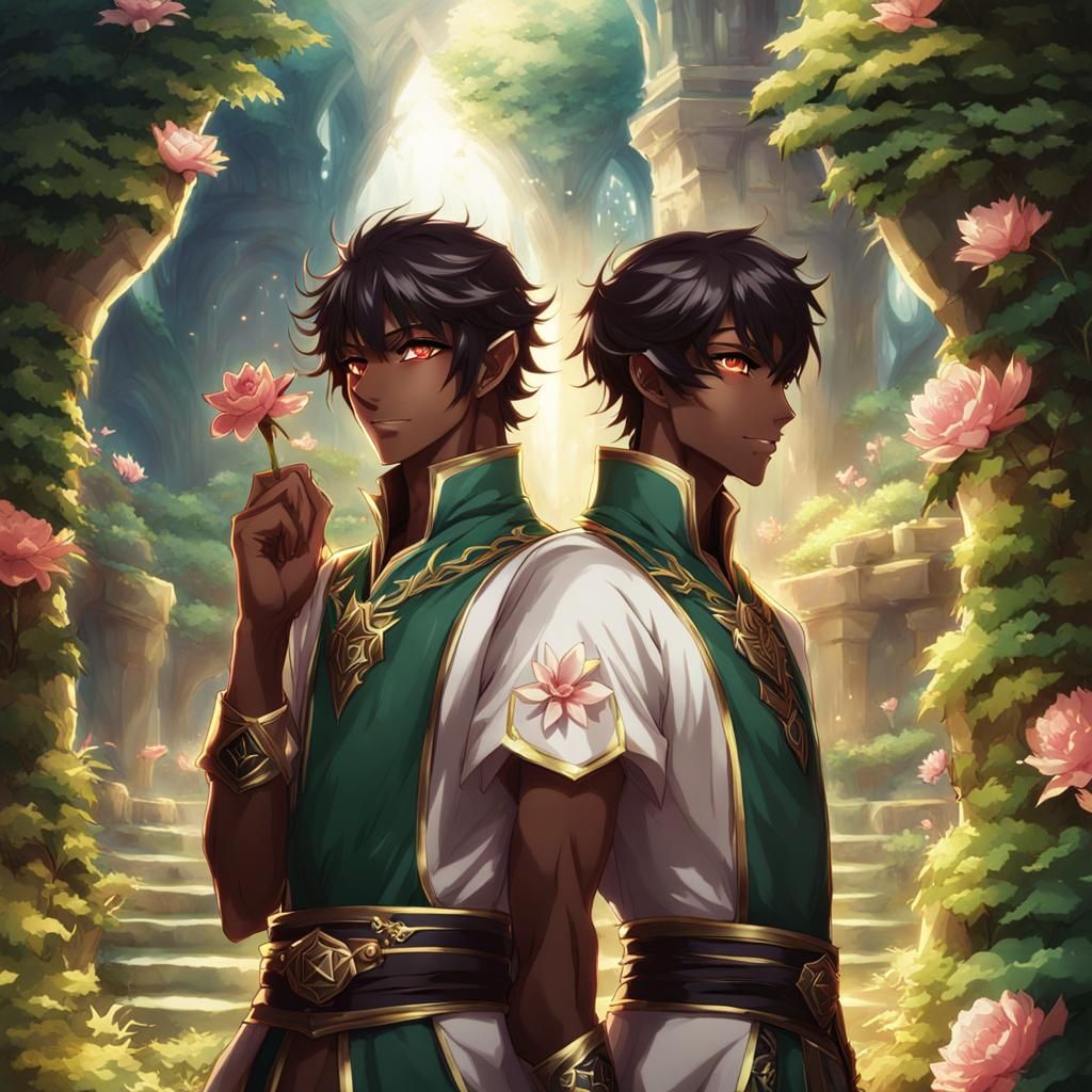 Two male twin elves with dark skin in fantasy setting - AI Generated  Artwork - NightCafe Creator