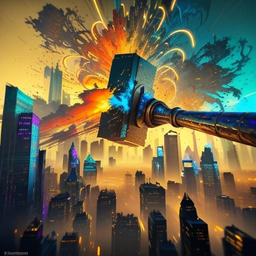 Surrealistic dreamscape. Close-up, macro. A giant hammer swi...
