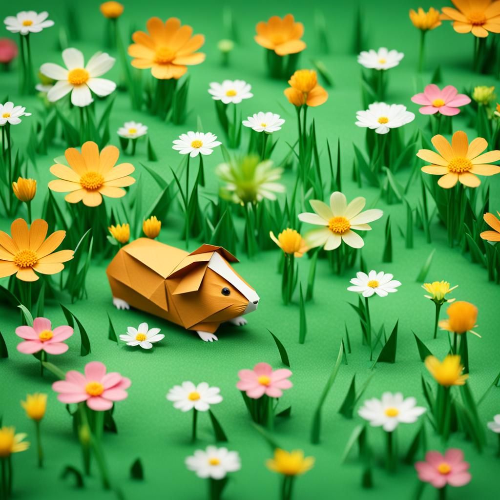 Guinea pig in the grass discovering flowers