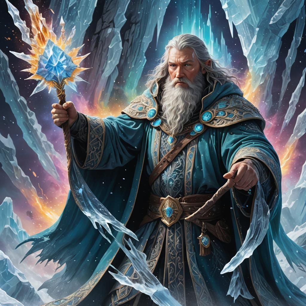 floating wizard smashing through an ice wall