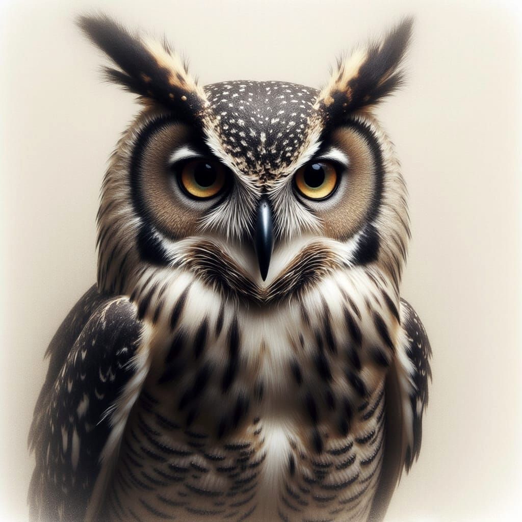 <lora:HRH-Rain-Woven:1.0> Hyper realistic grunge ink and watercolour a stunning owl portrait. Chiaroscuro