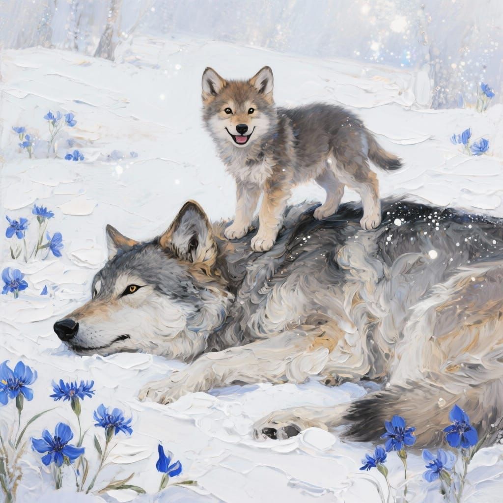 Playful Wolf Pup on Mother's Back, Impasto Oil