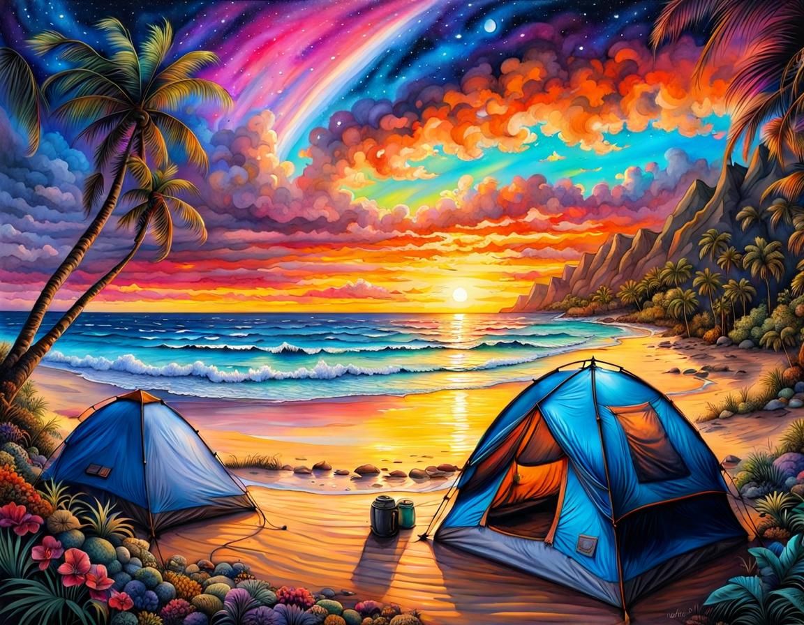 Perfect Camping Spot on Colorful tropical island beach seascape sunset-1600 AR-4x3...... ..... ..... ...  by @Preppergal