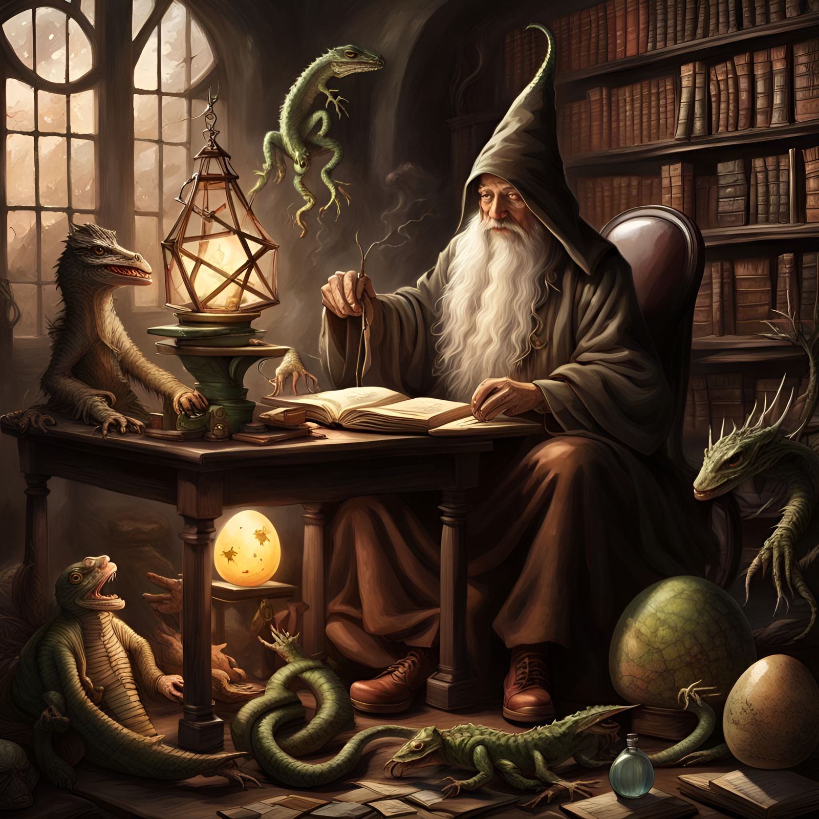 An old wise wizard hermit sitting at his desk, he has samples of large ...