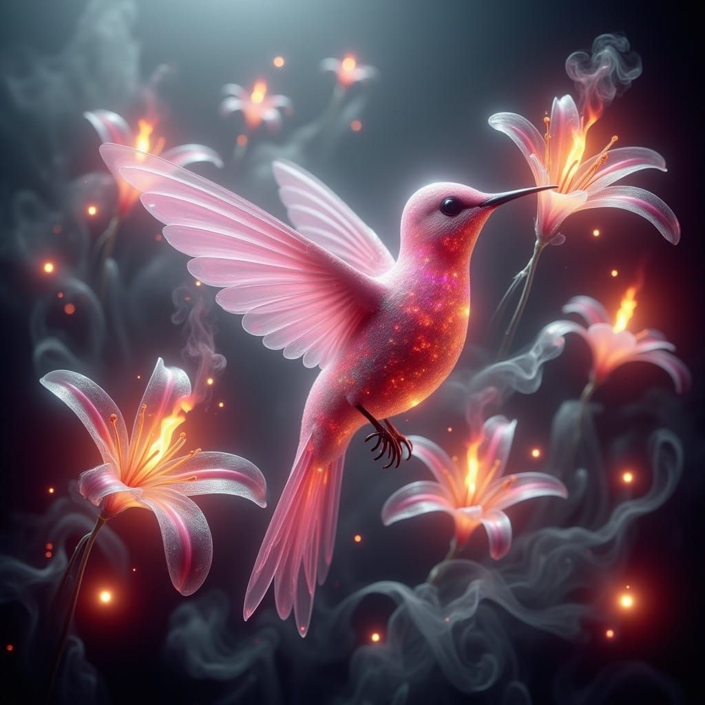 <lora:Dreamy Enchantment:1.0> A photorealistic surreal image of a glowing, transparent pink and red hummingbird surrounded by flowers made o...