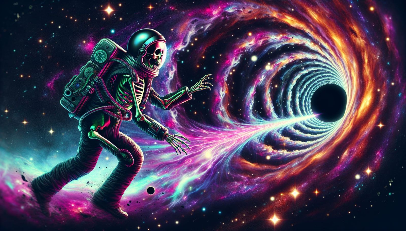 Skeleton wearing an astronaut suit flying through a wormhole in space ...