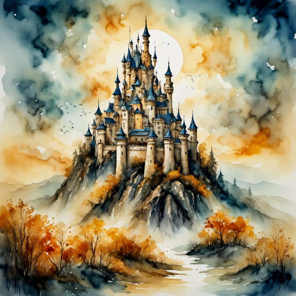 <lora:Water-Ink-color:1.0> <lora:DreamFalls:1.0> "A majestic...